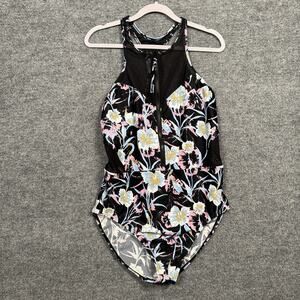Speedo Sz 14 Racerback One Piece Swimwear Swimsuit Black Floral Mesh Beach Wear